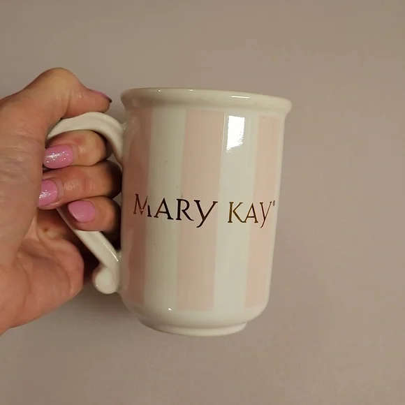 MARY KAY pink and white striped mug, gold logo ceramic mug promotional EUC - Picture 5 of 7